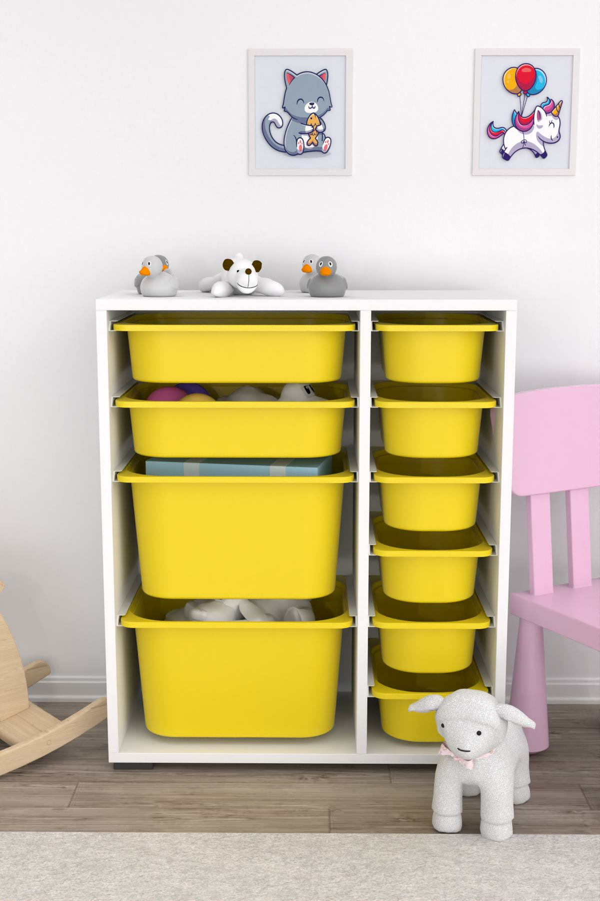 PRATICO ZEN Ağ oyuncaq şkafı + 10 sarı səbət, 83x69.5x30
