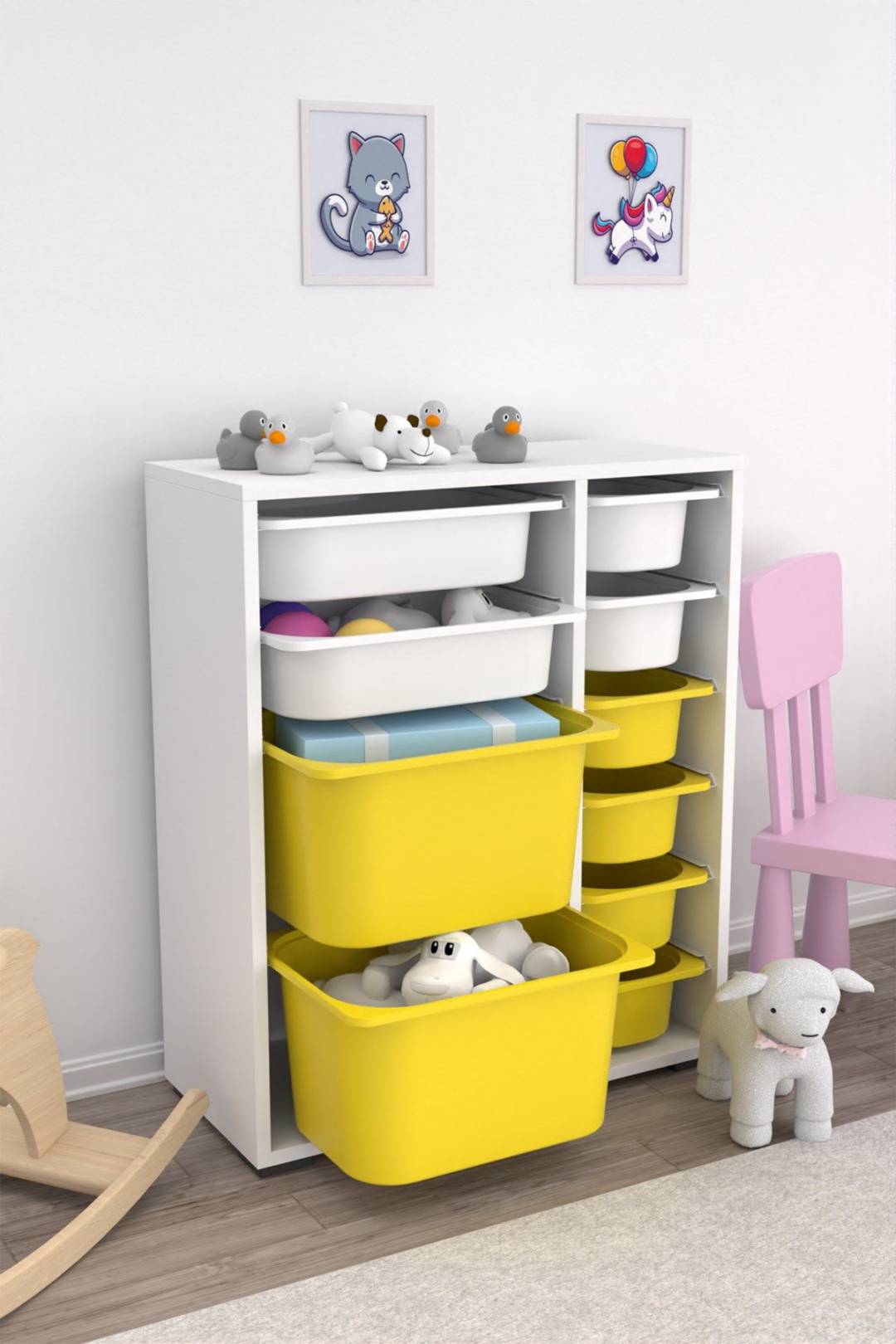 PRATICO ZEN Ağ oyuncaq şkafı + 4 ağ və 6 sarı səbət, 83x69.5x30